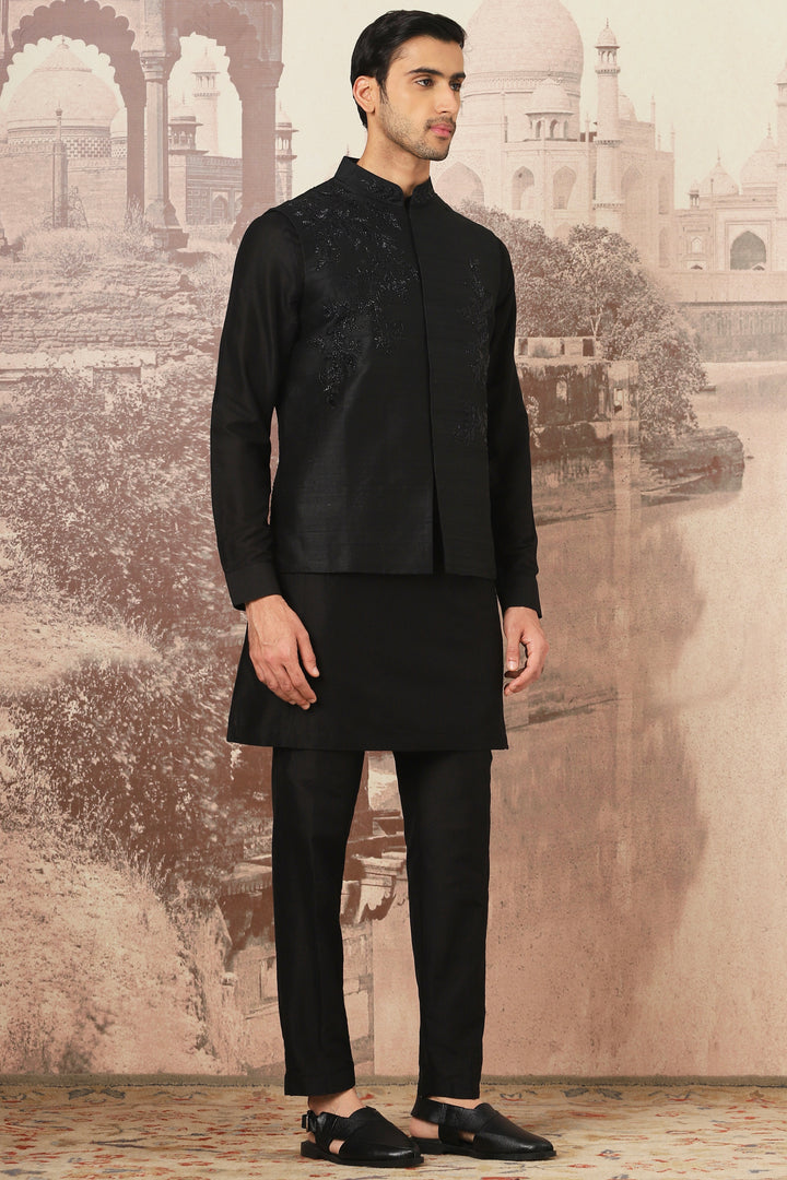 Order Now for the Black Aura Embroidered Raw Silk Kurta Bundi Set
