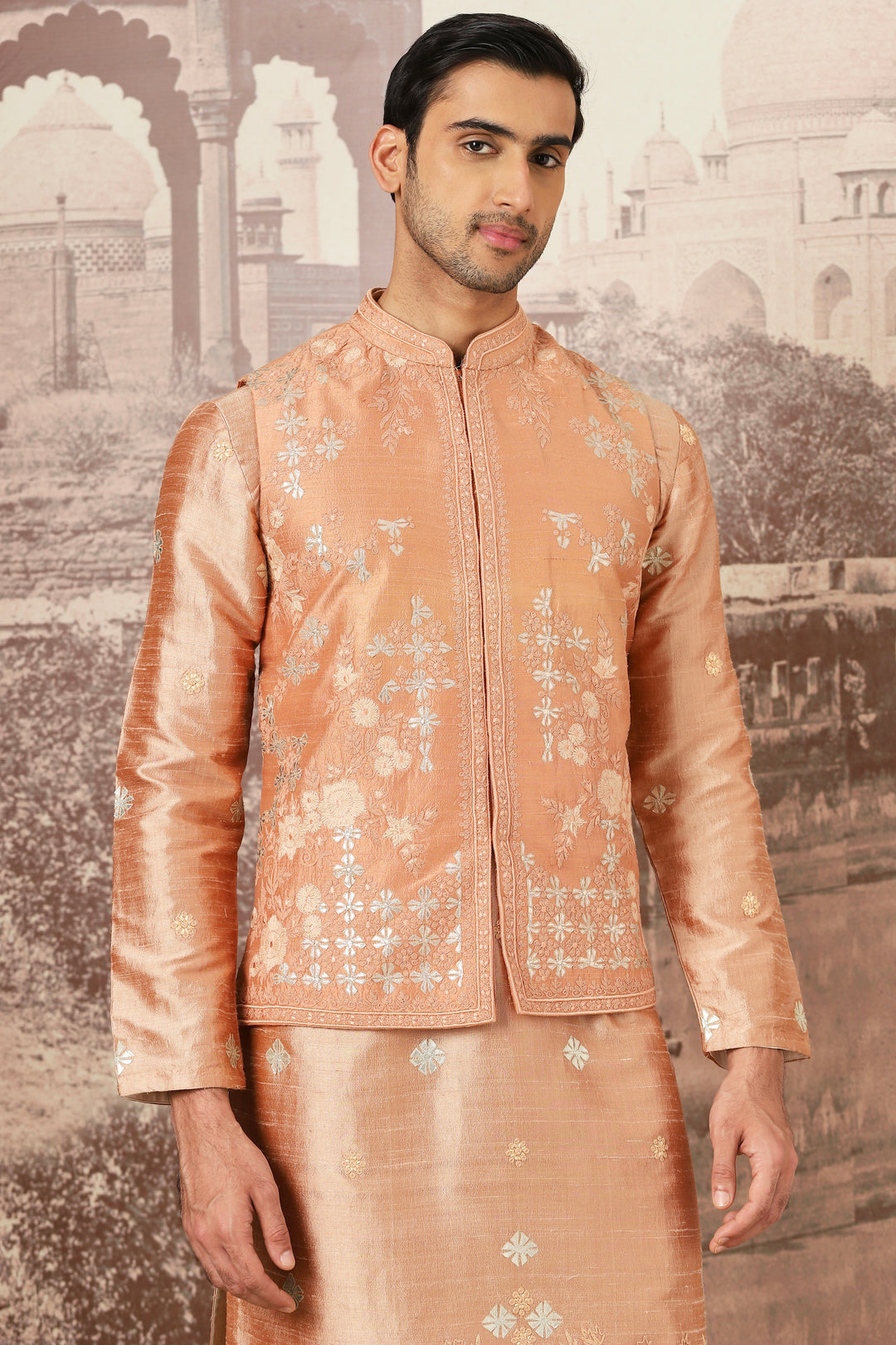 Order the Tuscan Gold Embroidered Tussar Silk Bundi Set Online