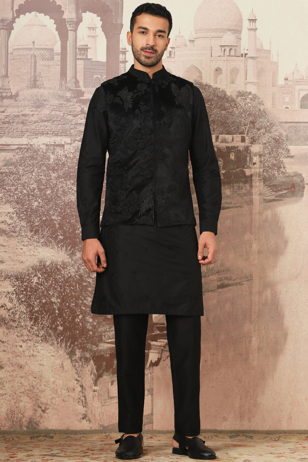 Purchase Black Kiran Dori Embroidered Kurta Bundi Set for Home Delivery