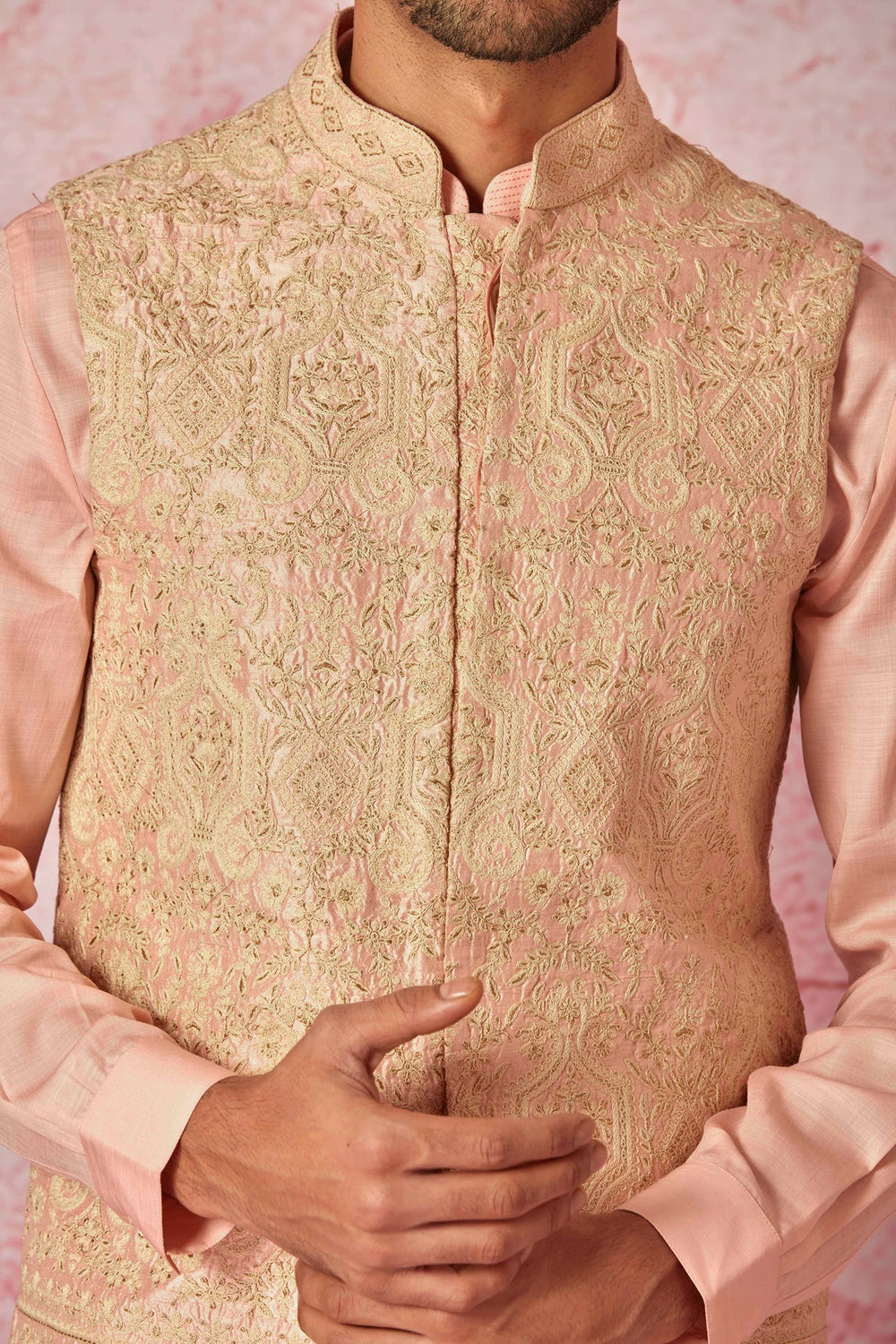 Purchase Cream Raw Silk Bundi with Salmon Pink Kurta