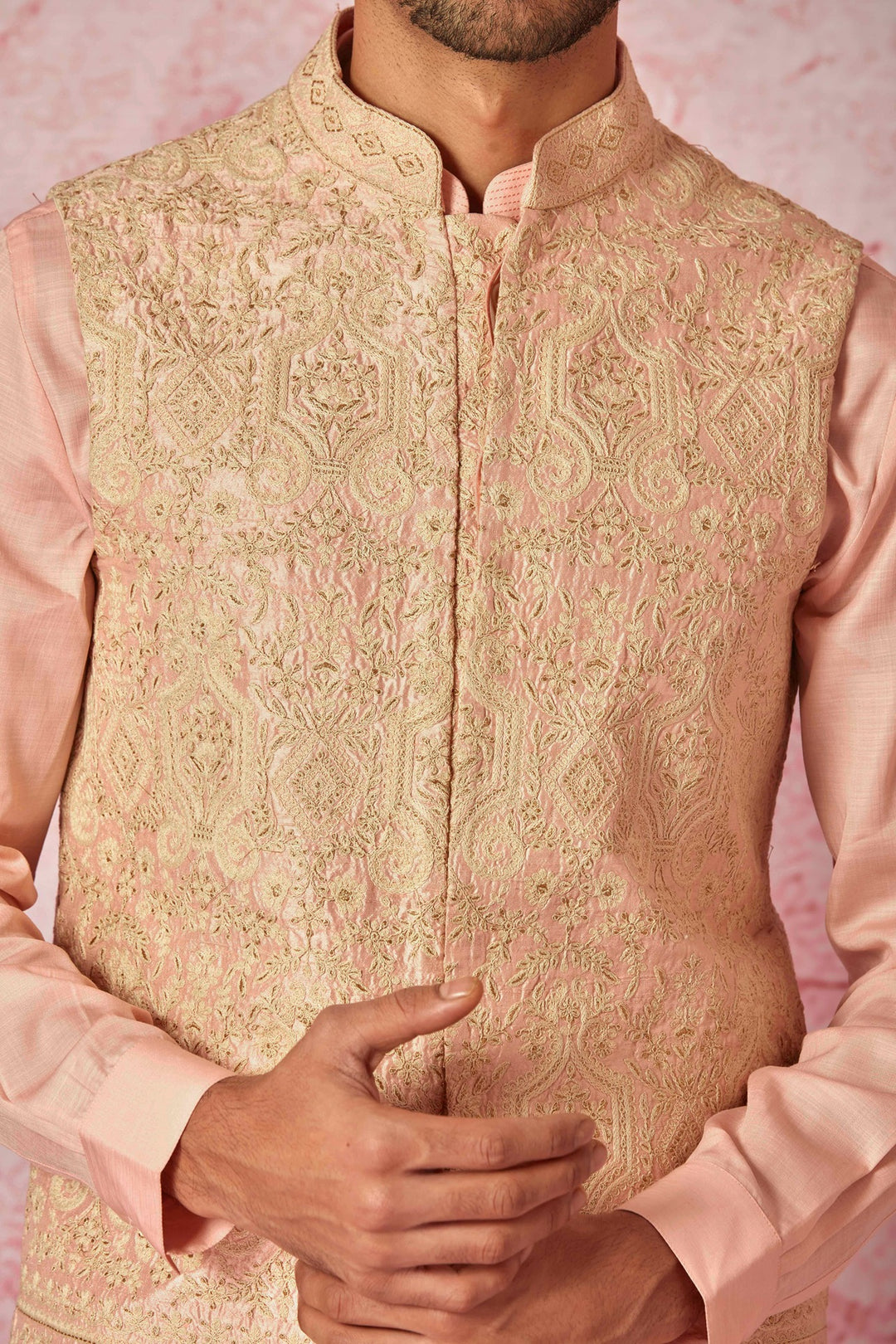 Purchase Cream Raw Silk Bundi with Salmon Pink Kurta