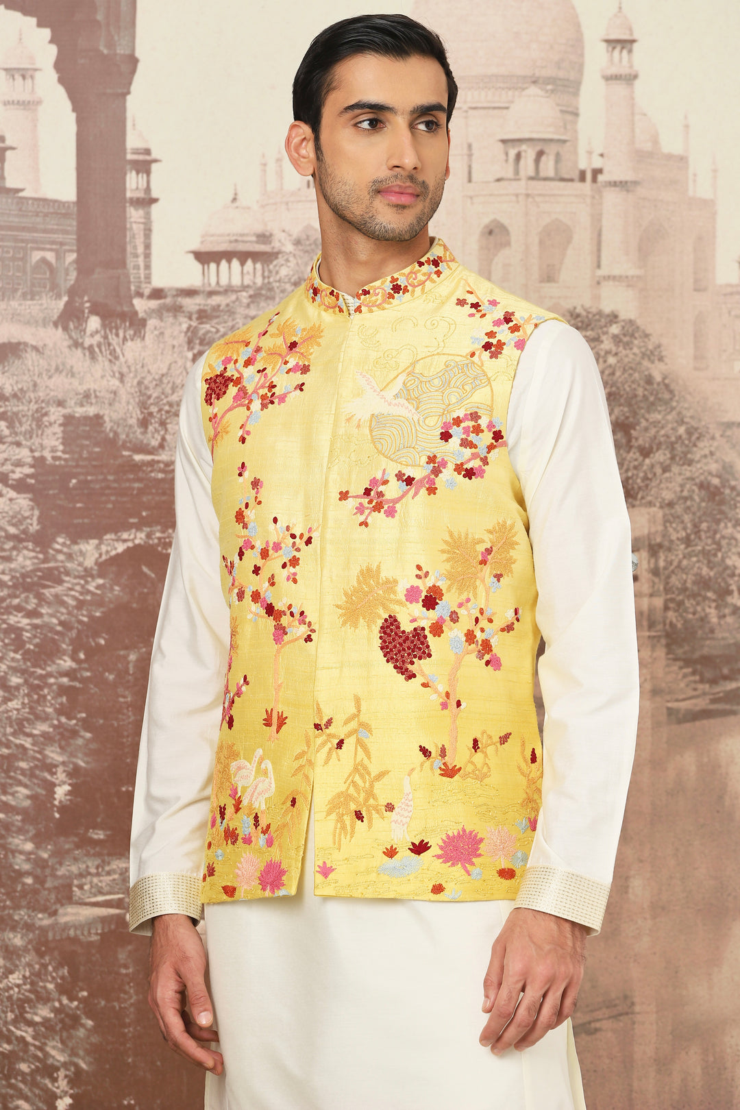 Purchase Golden Canary Raw Silk Embroidered Kurta Bundi Set