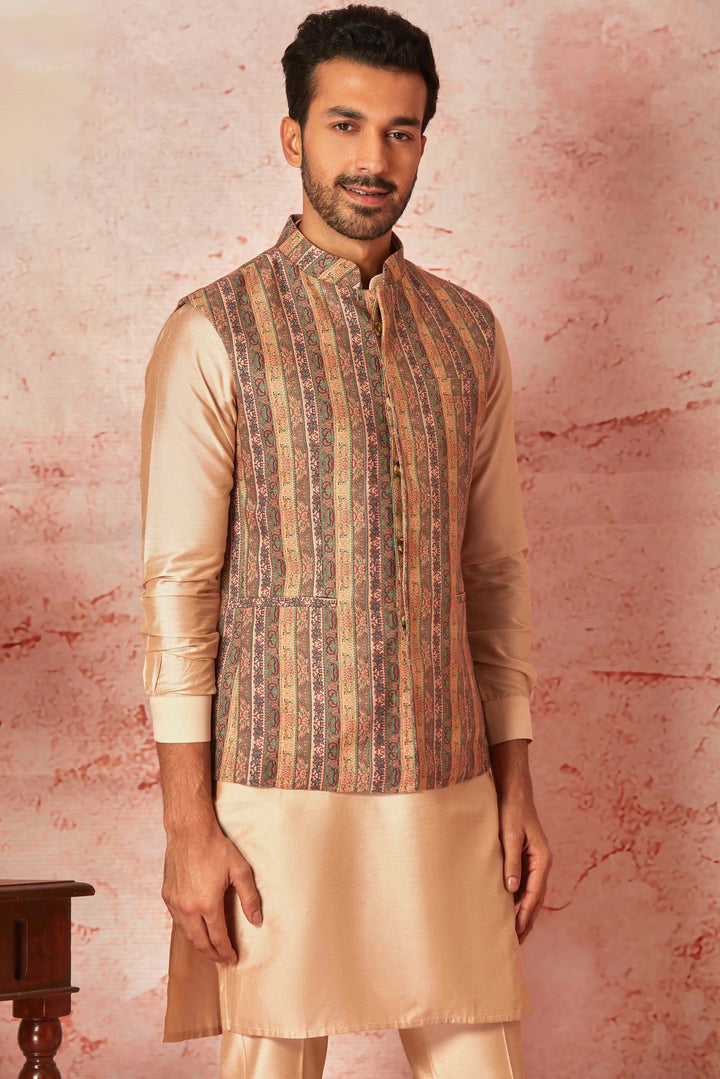 Purchase Linen Bundi with Beige Silk Kurta & Pyjama Set