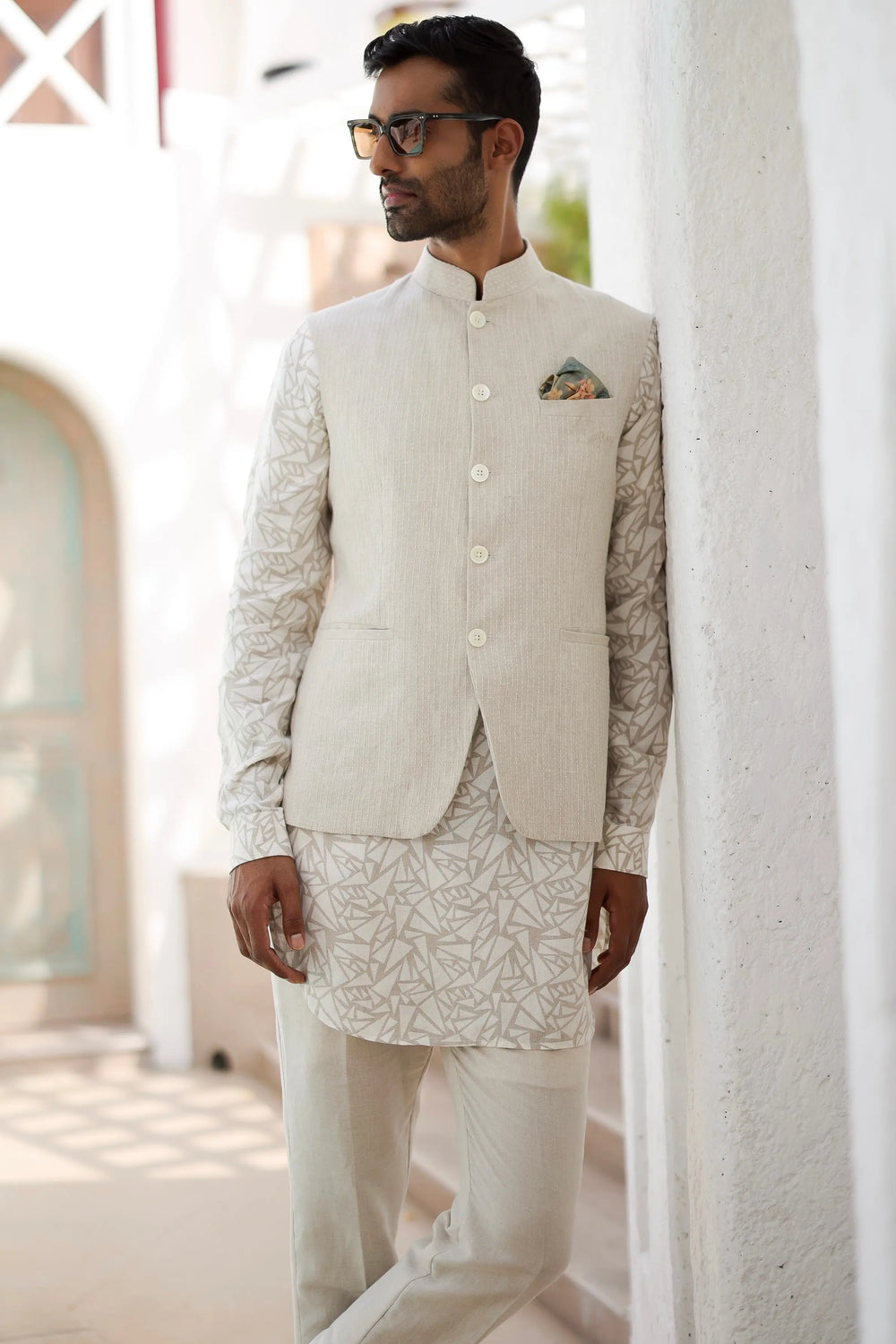 Purchase Natural Beige Abstract Geometric Print Kurta Bundi Set