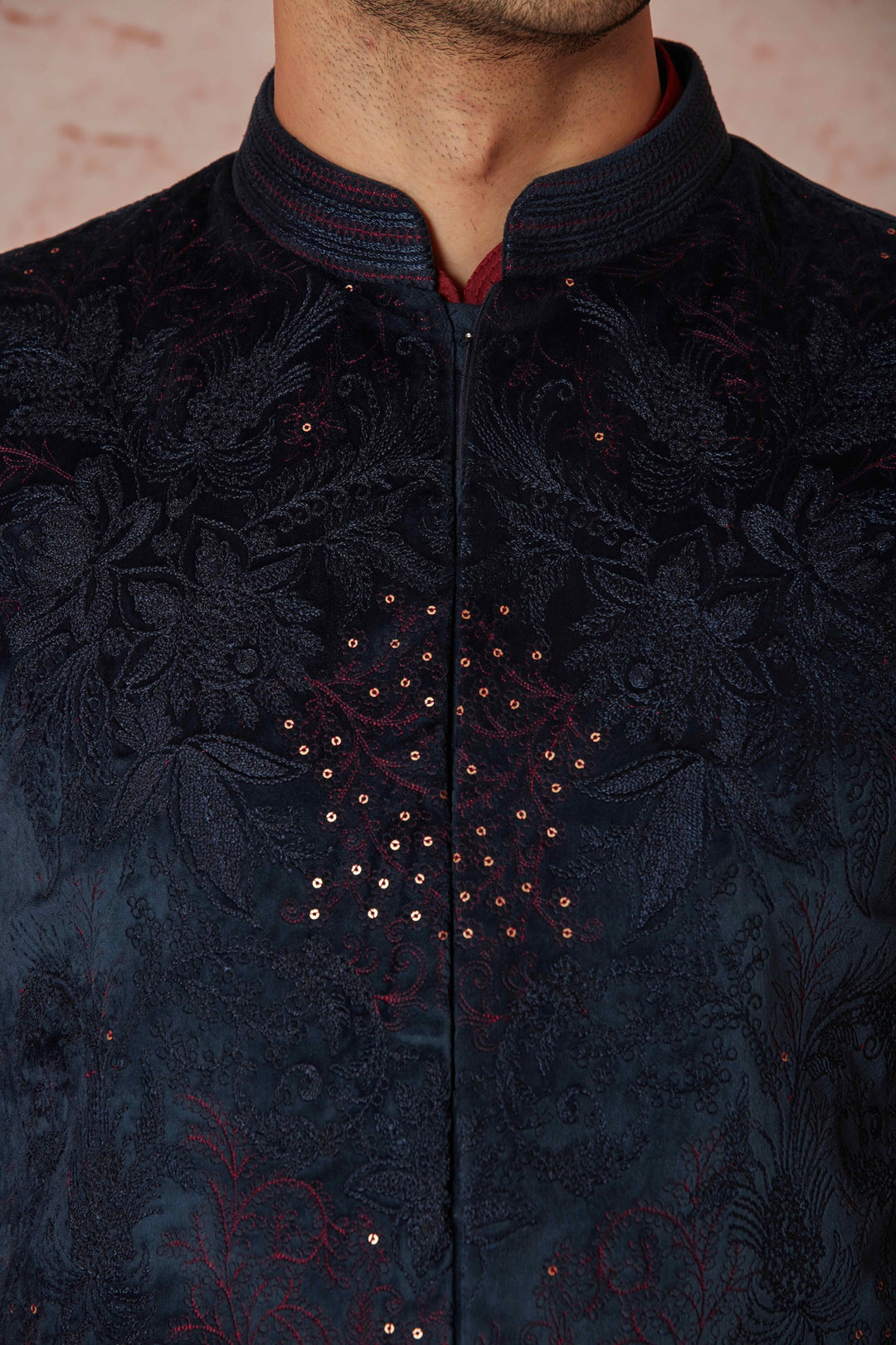 Purchase Navy Velvet Embroidered Bundi with Maroon Chanderi Silk Kurta Set