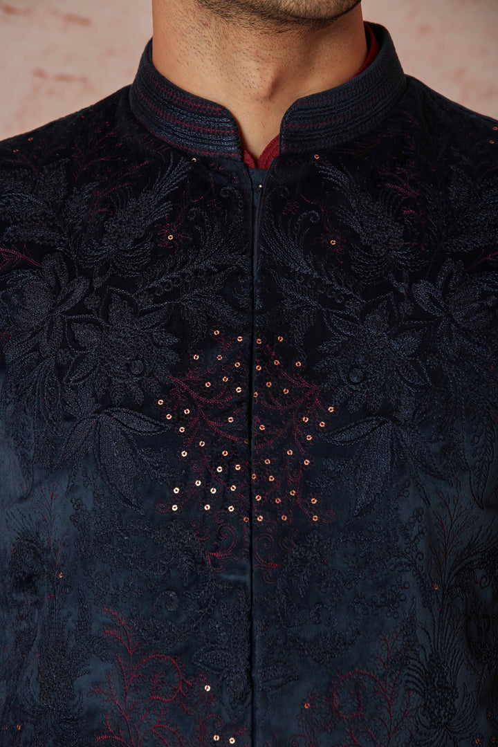 Purchase Navy Velvet Embroidered Bundi with Maroon Chanderi Silk Kurta Set