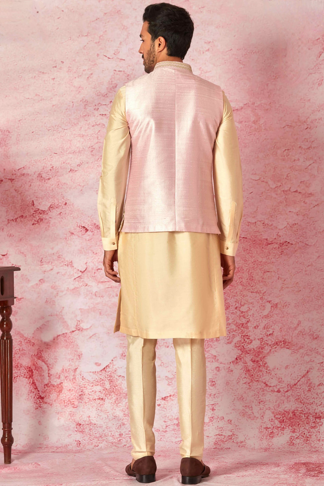 Purchase Pink Raw Silk Bundi with Cotton Silk Kurta Set