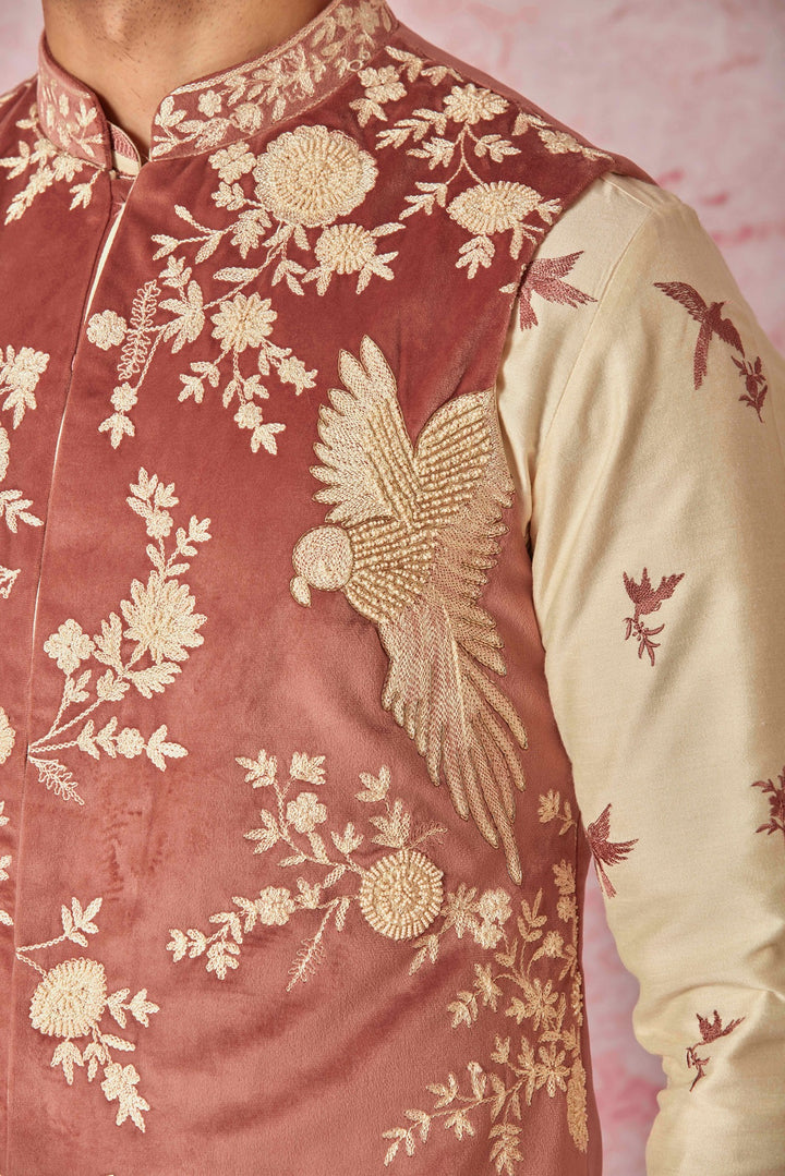 Purchase Pink Velvet Bundi with Cream Chanderi Silk Kurta Set