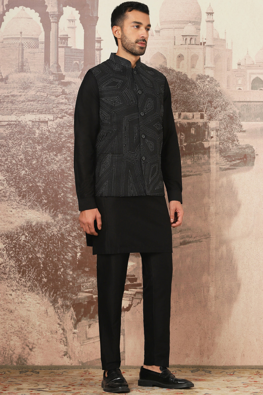 Purchase Quality Black Linen Kantha Embroidered Kurta Bundi Set