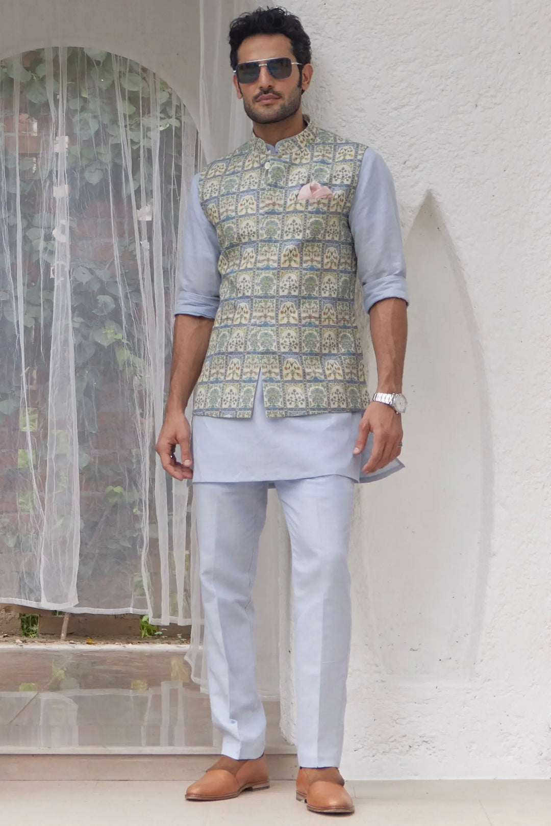 Sky Blue Floral Printed Kurta Bundi Set - Asuka Couture