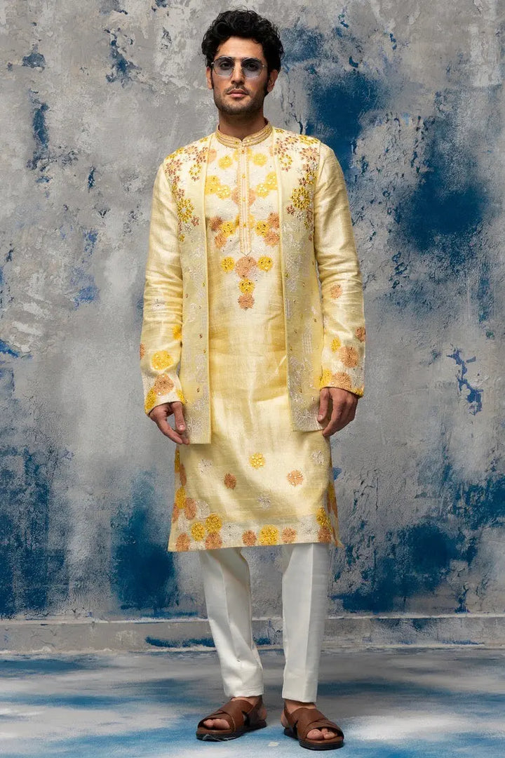 Yellow Resham Thread and Mirror Work Bundi Set - Asuka Couture