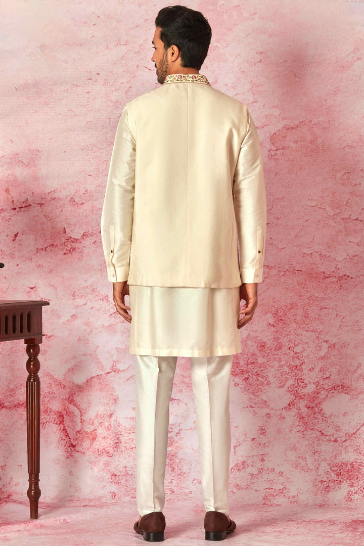 Purchase the Best Brand Cream Silk Kurta Bundi Set with Resham Embroidery