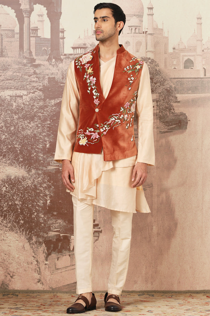 Purchase the Best Brand Sienna Rust Velvet Embroidered Kurta Bundi Set