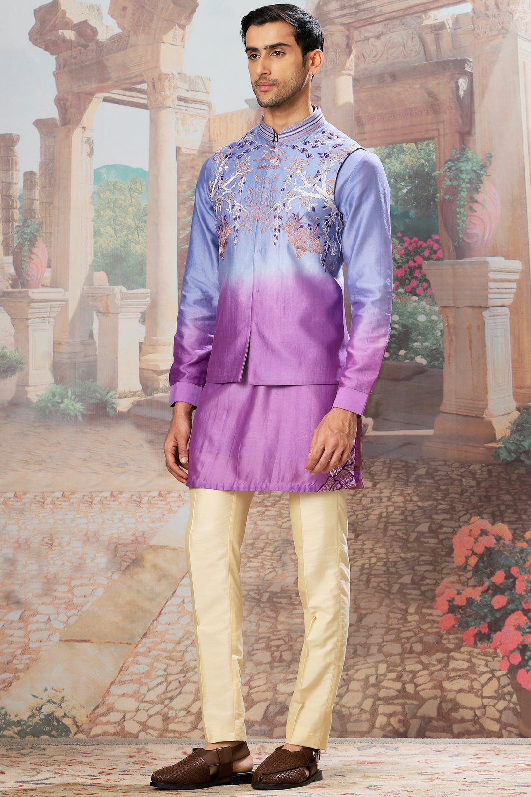 Purchase the Violet Dusk Ombre Embroidered Kurta Bundi Set