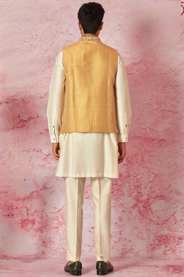 Quality Mustard Kantha Stitch Bundi with Cream Kurta Set