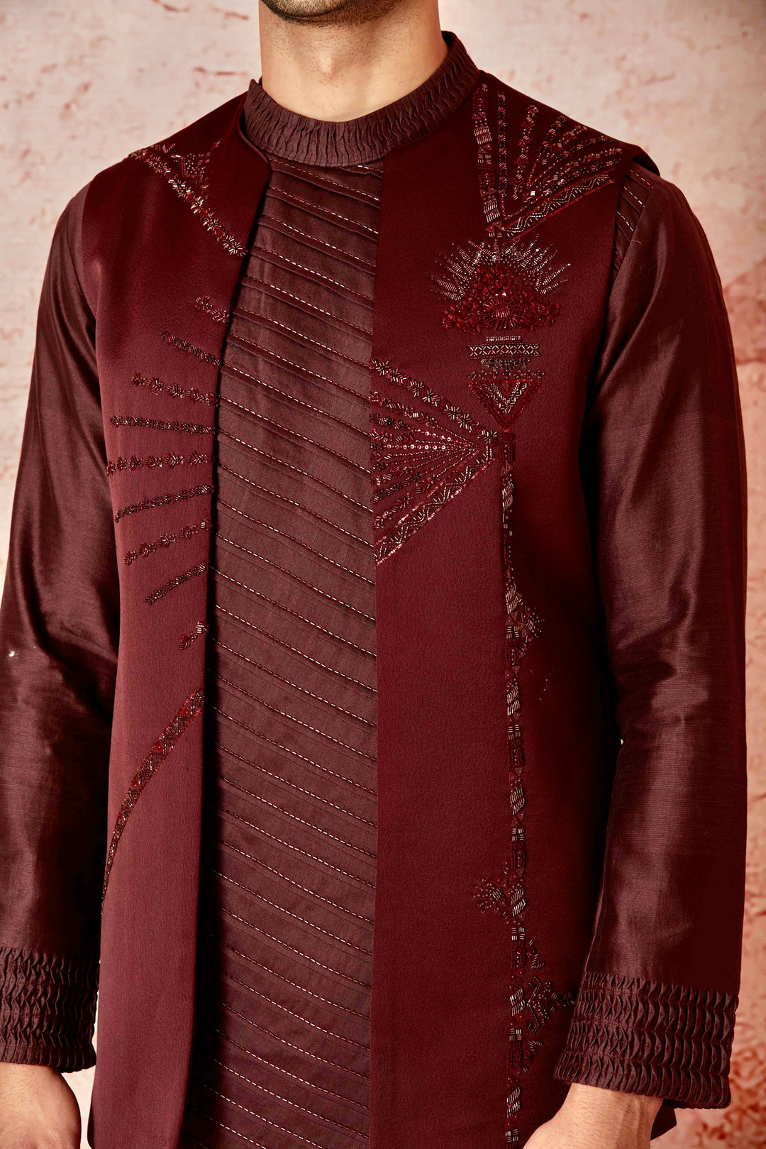 Quality Wine Long Open Silk Bundi with Pleated Kurta