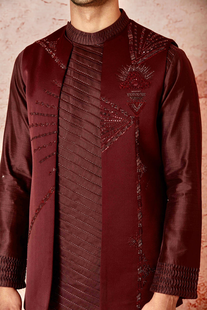 Quality Wine Long Open Silk Bundi with Pleated Kurta