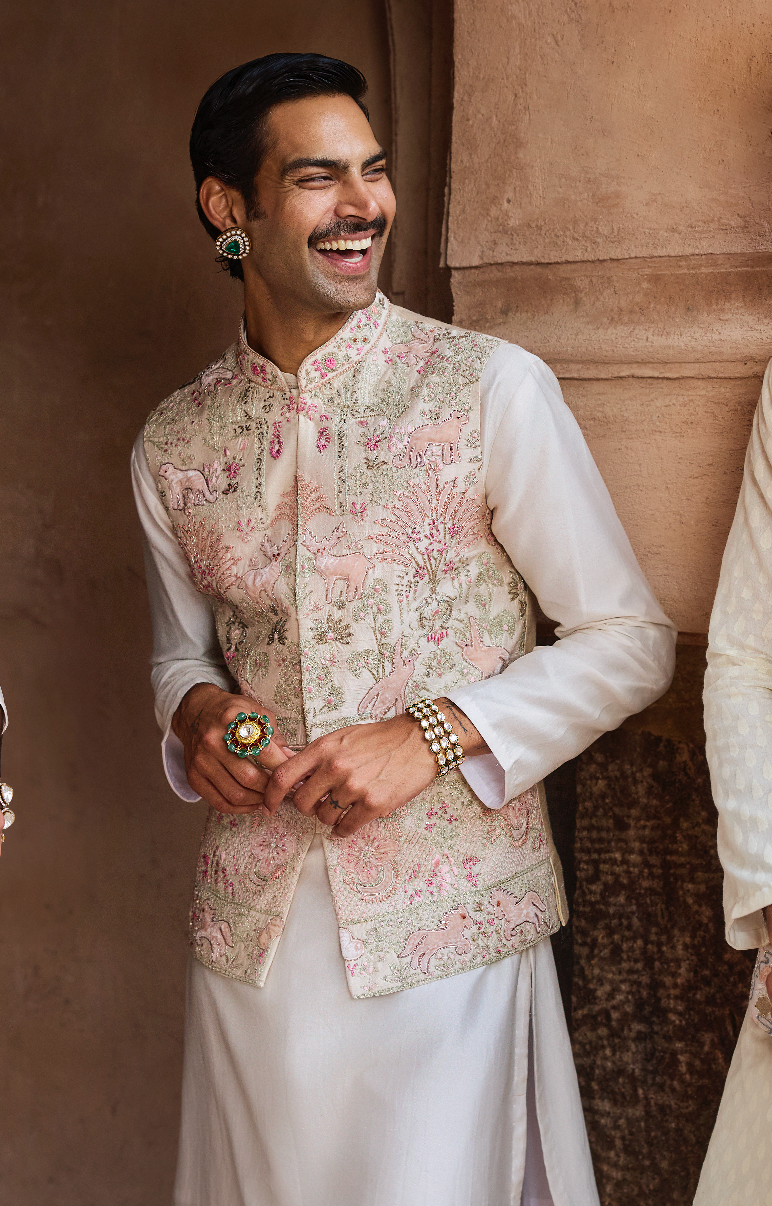 Ivory Pink Raw Silk Embroidered Bundi Kurta Set