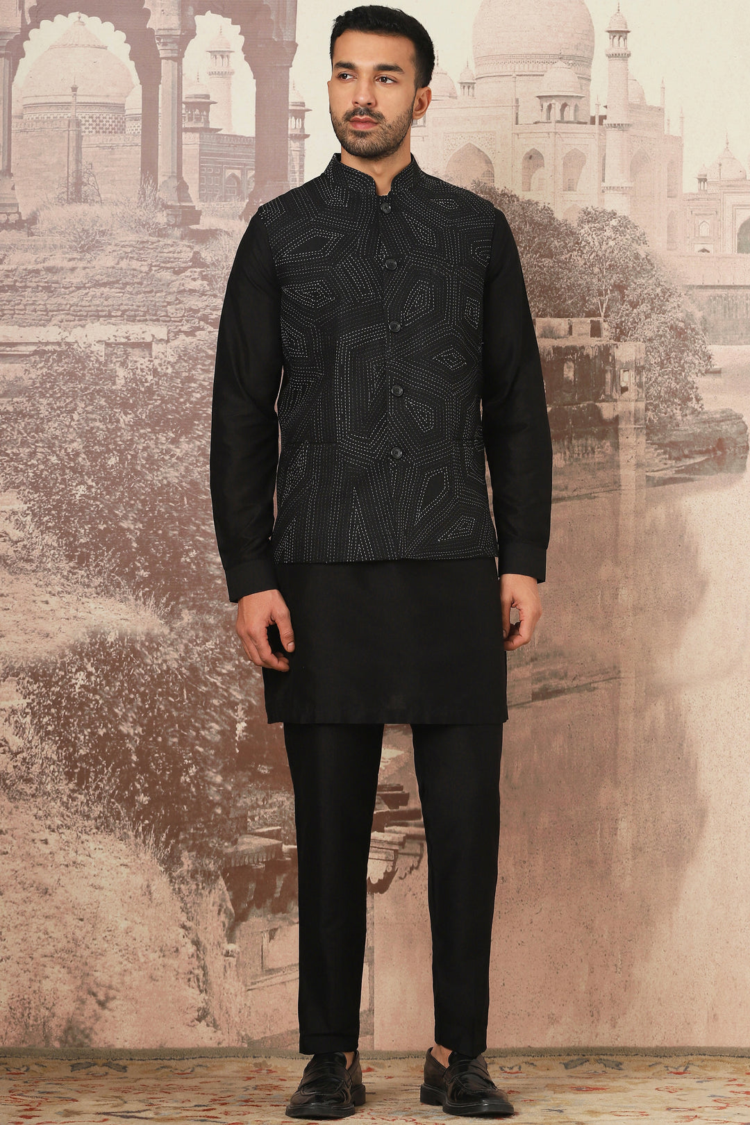 Shop Black Linen Kantha Embroidered Kurta Bundi Set for Men