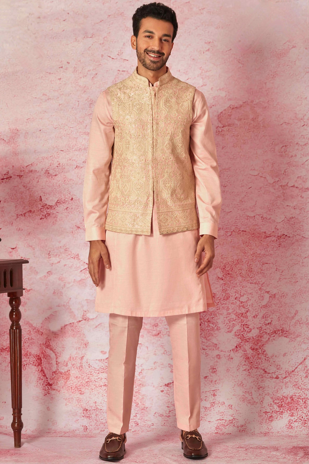 Shop Cream Raw Silk Bundi with Salmon Pink Kurta