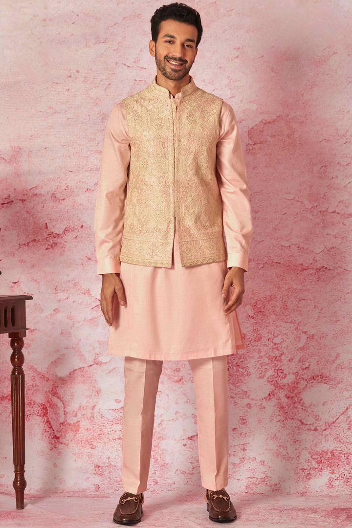 Shop Cream Raw Silk Bundi with Salmon Pink Kurta