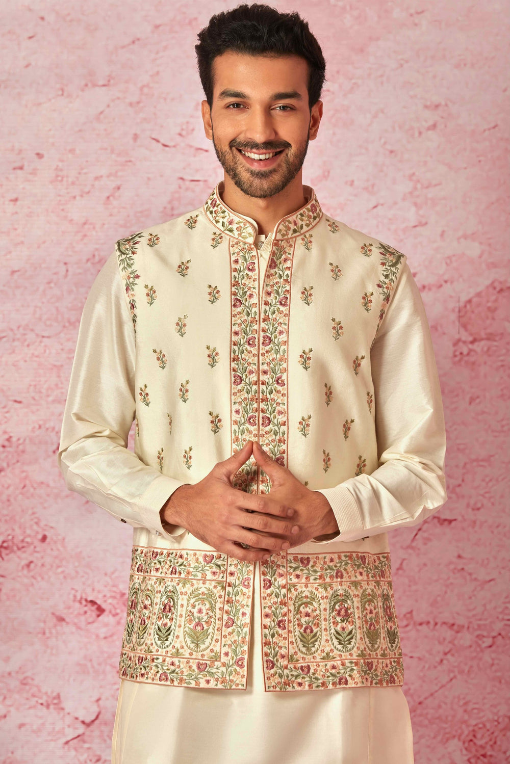 Shop Quality Cream Silk Kurta Bundi Set with Resham Floral Embroidery