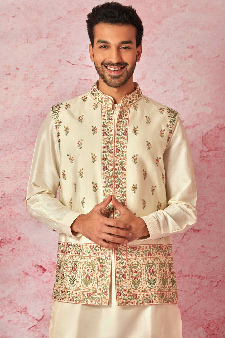 Shop Quality Cream Silk Kurta Bundi Set with Resham Floral Embroidery