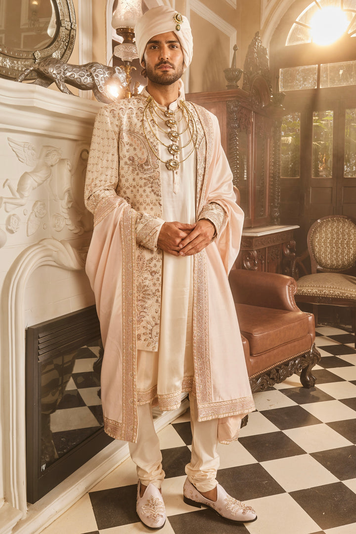 Shop Ivory Raw Silk Open Embroidered Sherwani - Affordable Quality