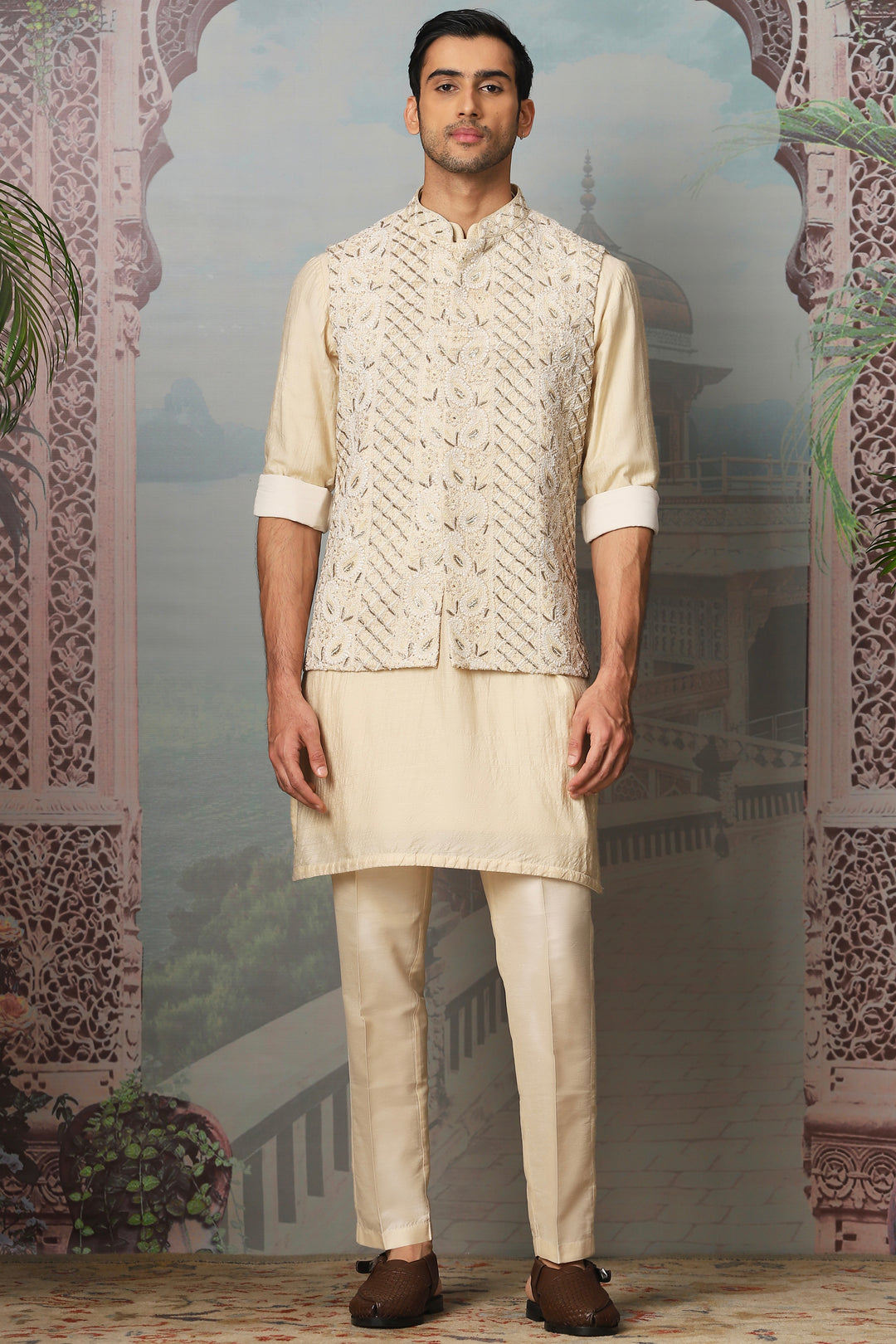 Shop Ivory Splendor Georgette Silk Kurta Bundi Set - Affordable Price
