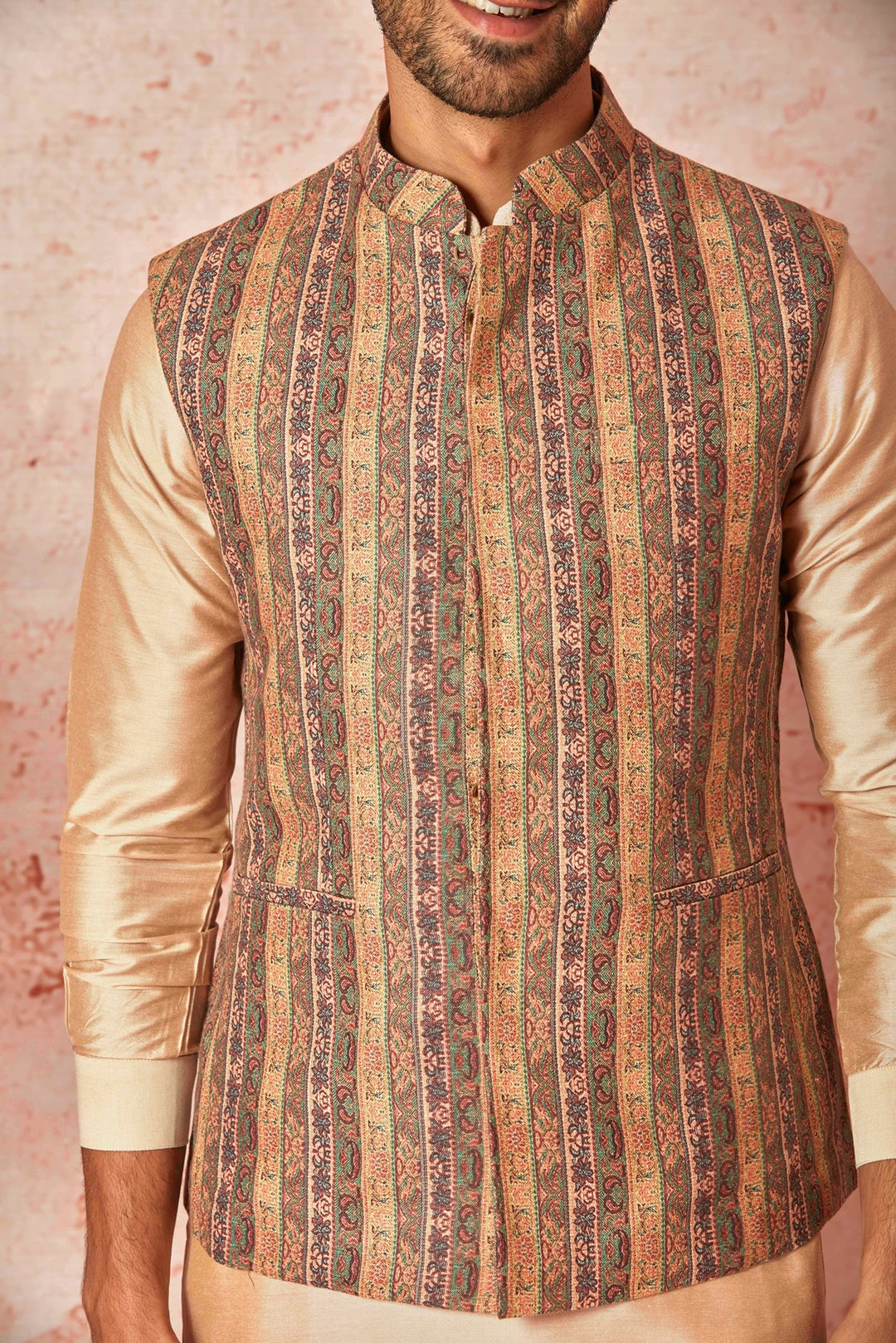 Shop Linen Bundi with Beige Silk Kurta & Pyjama Set