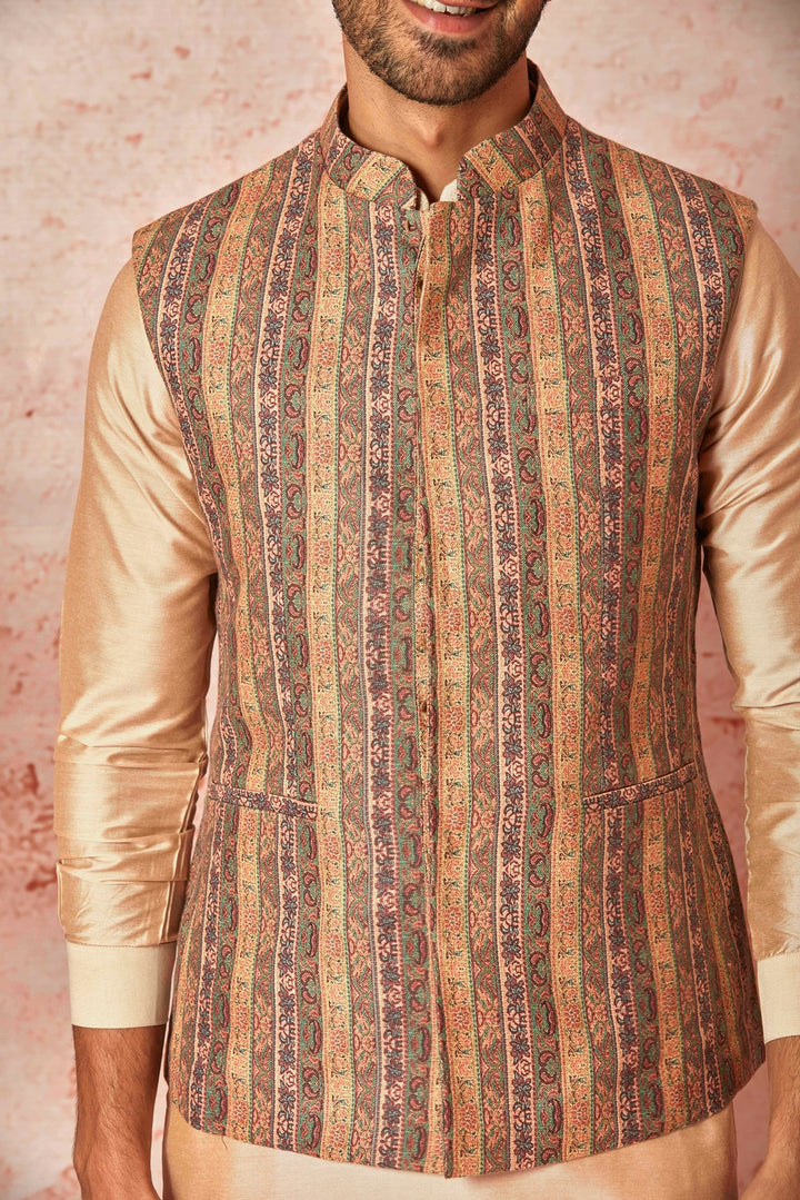 Shop Linen Bundi with Beige Silk Kurta & Pyjama Set