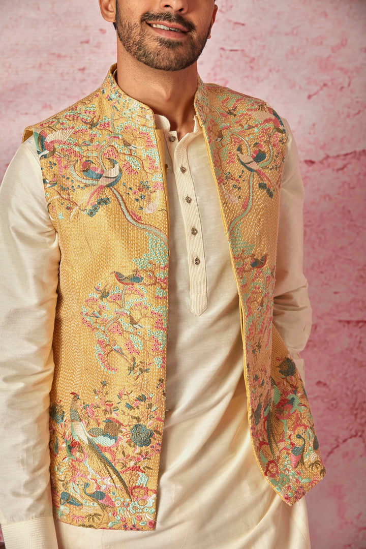 Shop Mustard Kantha Stitch Bundi with Cream Kurta Set