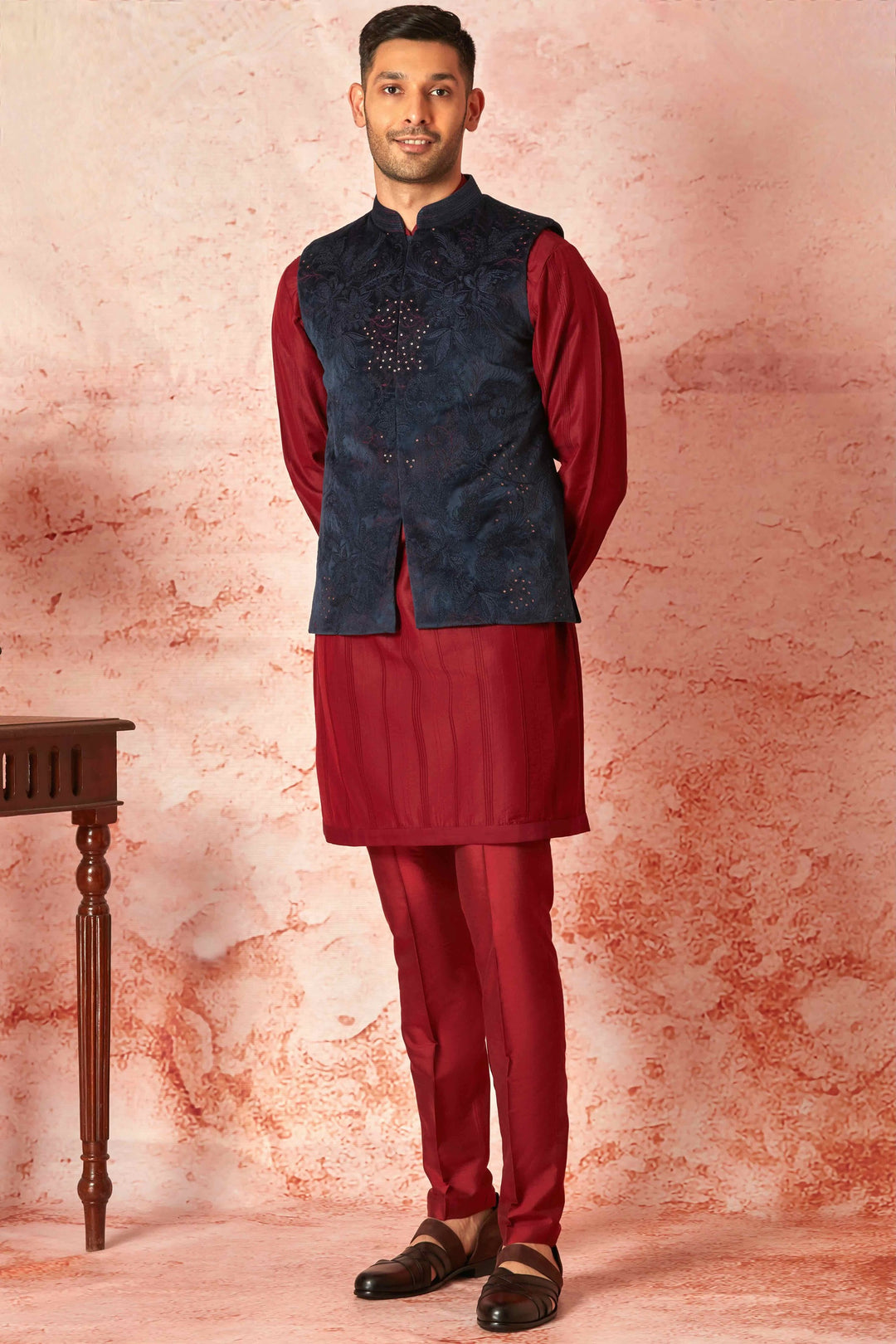 Shop Navy Velvet Embroidered Bundi with Maroon Chanderi Silk Kurta Set