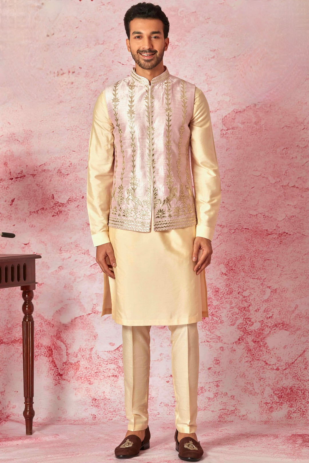 Shop Pink Raw Silk Bundi with Cotton Silk Kurta Set