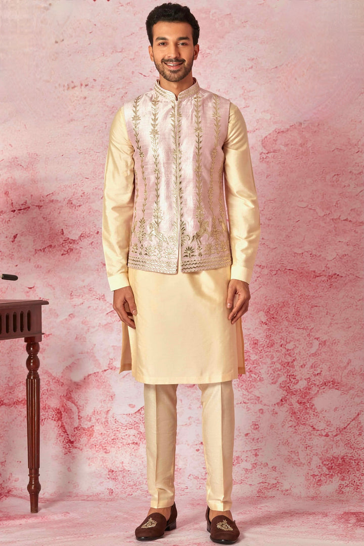 Shop Pink Raw Silk Bundi with Cotton Silk Kurta Set