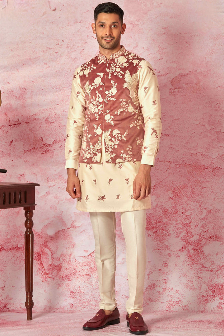 Shop Quality Pink Velvet Bundi with Cream Chanderi Silk Kurta Set