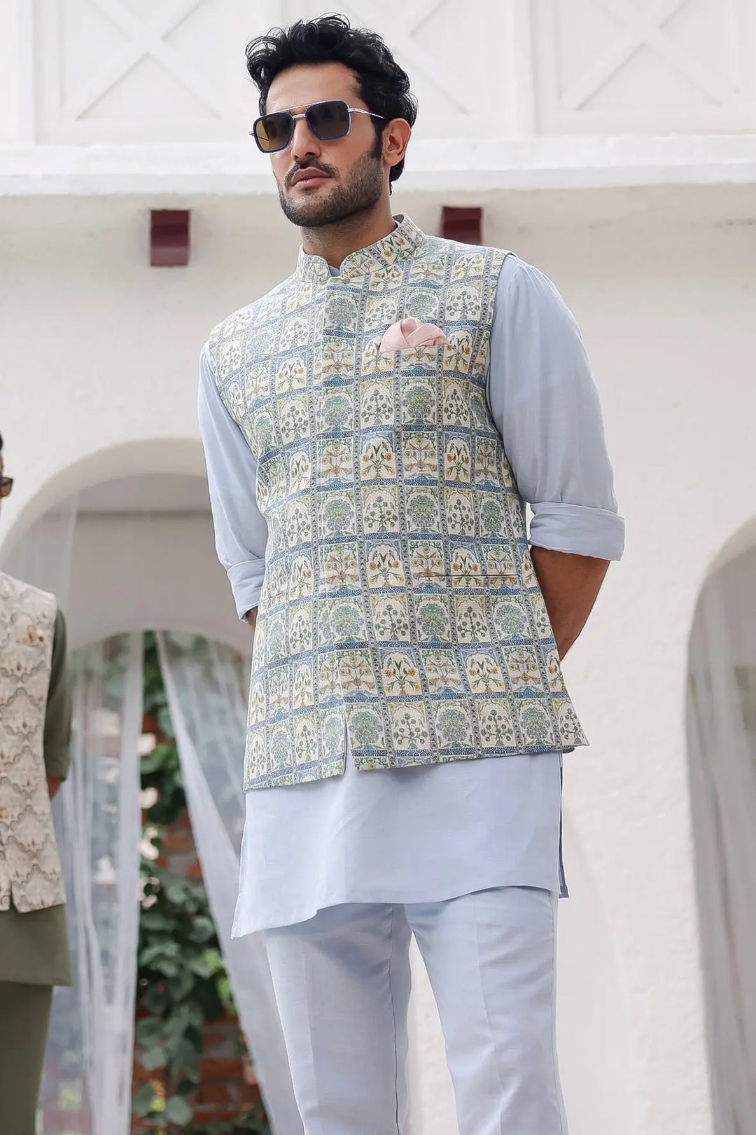 Purchase Sky Blue Floral Printed Kurta Bundi Set Online