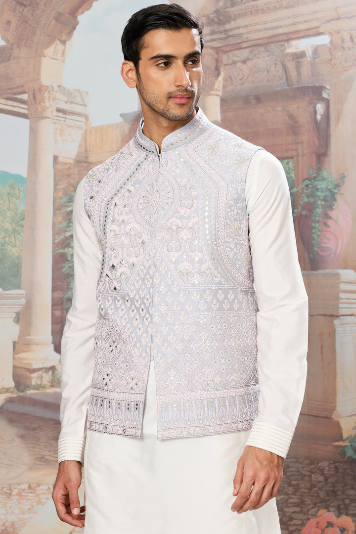 Shop Slate Sky Dori Embroidered Kurta Bundi Set