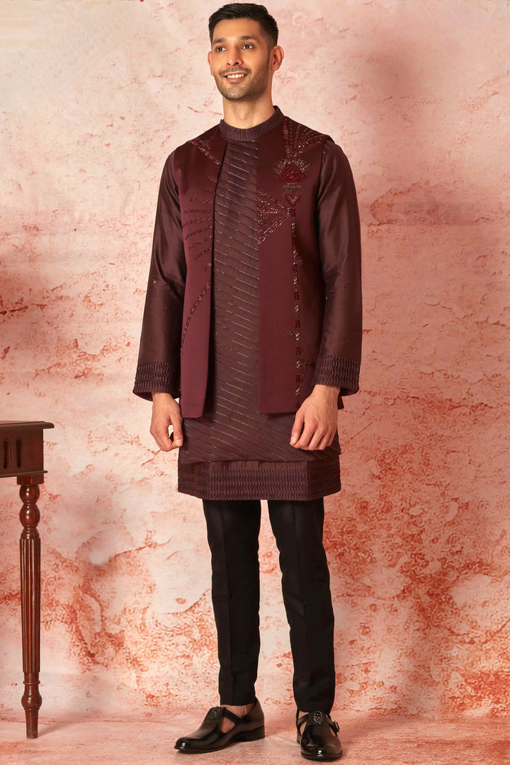 Shop Wine Long Open Silk Bundi with Pleated Kurta