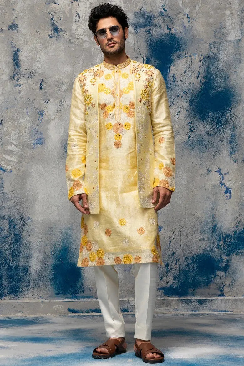 Yellow Resham Thread and Mirror Work Bundi Set - Asuka Couture