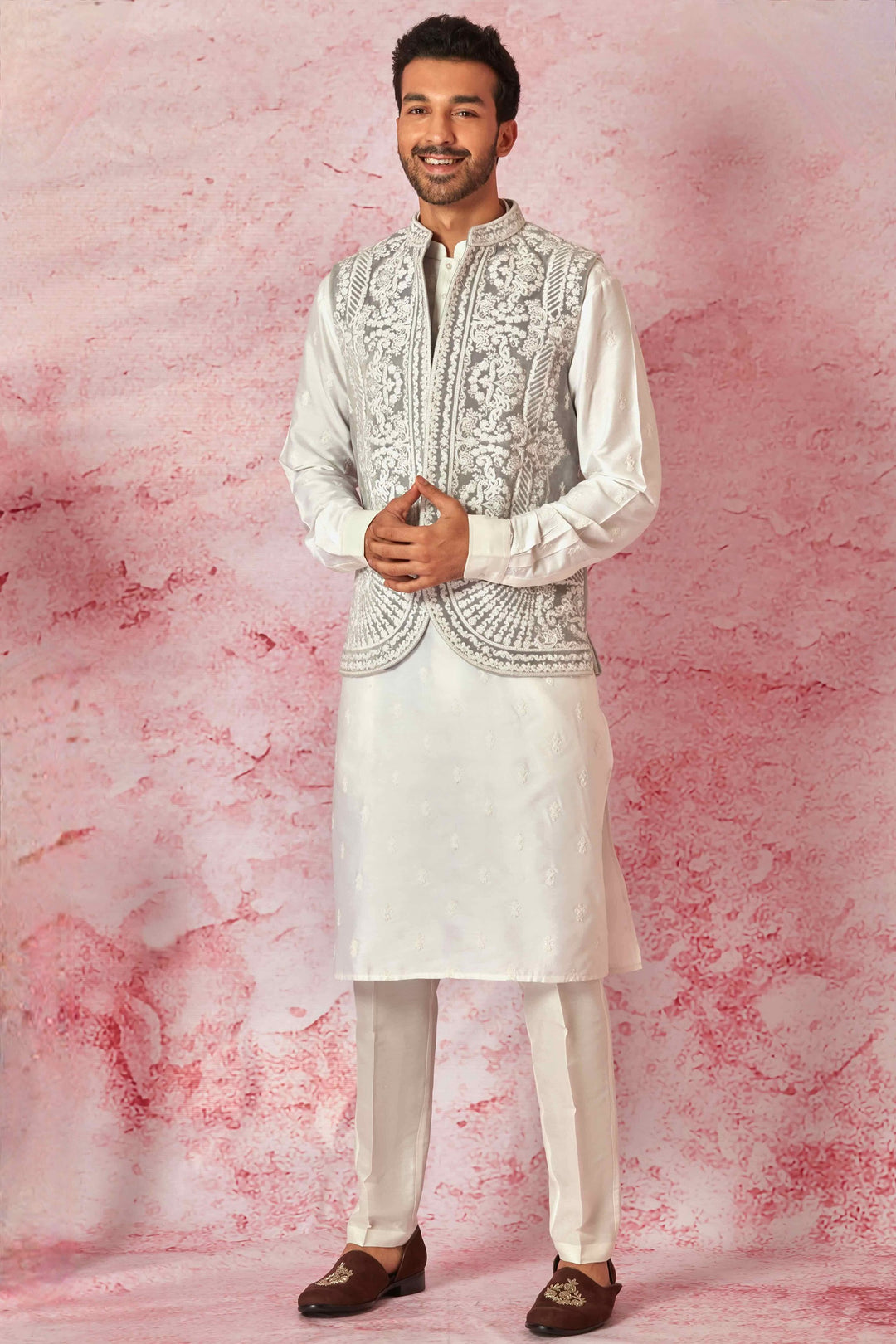 Shop the Best Brand: Grey Velvet Dori Bundi with Silk Kurta Set