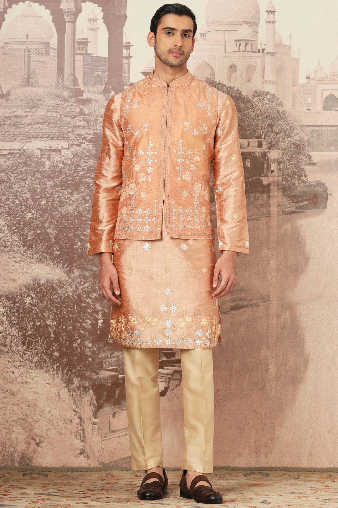 Shop the Best Brand Tuscan Gold Embroidered Tussar Silk Bundi Set