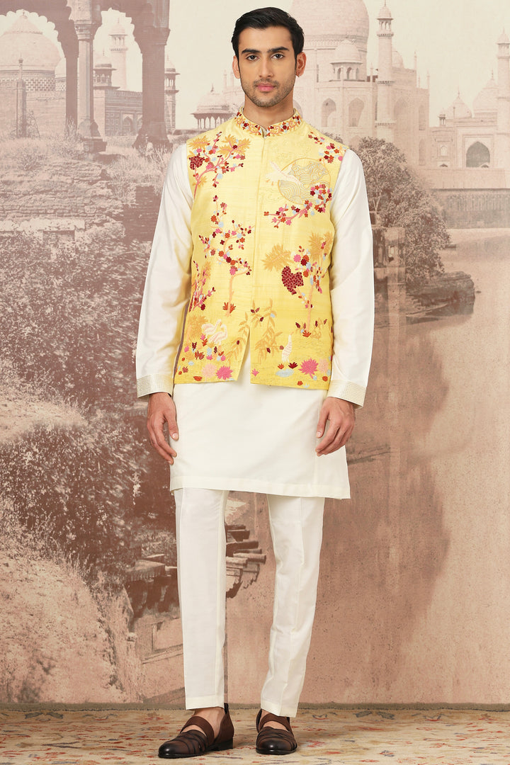 Shop the Best Golden Canary Raw Silk Embroidered Kurta Bundi Set