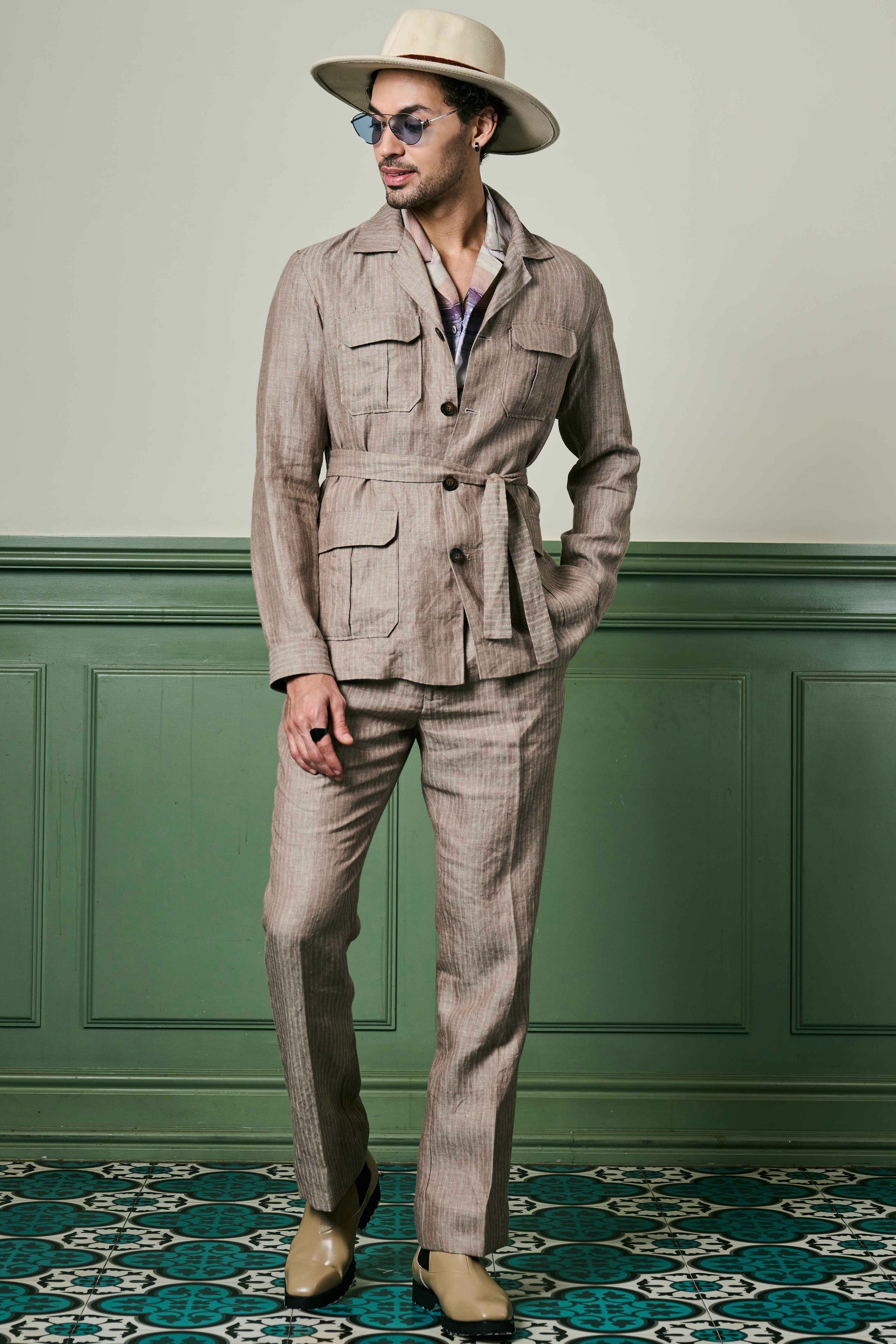 Buy Herringbone Textured Linen Safari Suit Online with Home