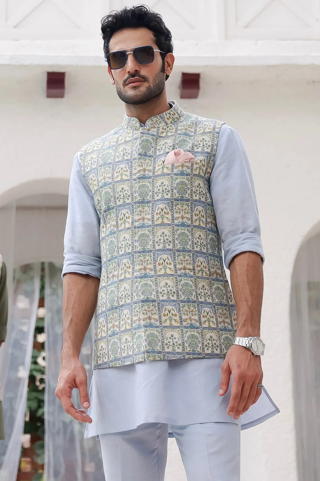 Shop Sky Blue Floral Printed Kurta Bundi Set Online