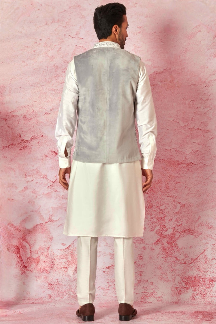 The Best Brand: Grey Velvet Dori Embroidered Bundi & Silk Kurta Set
