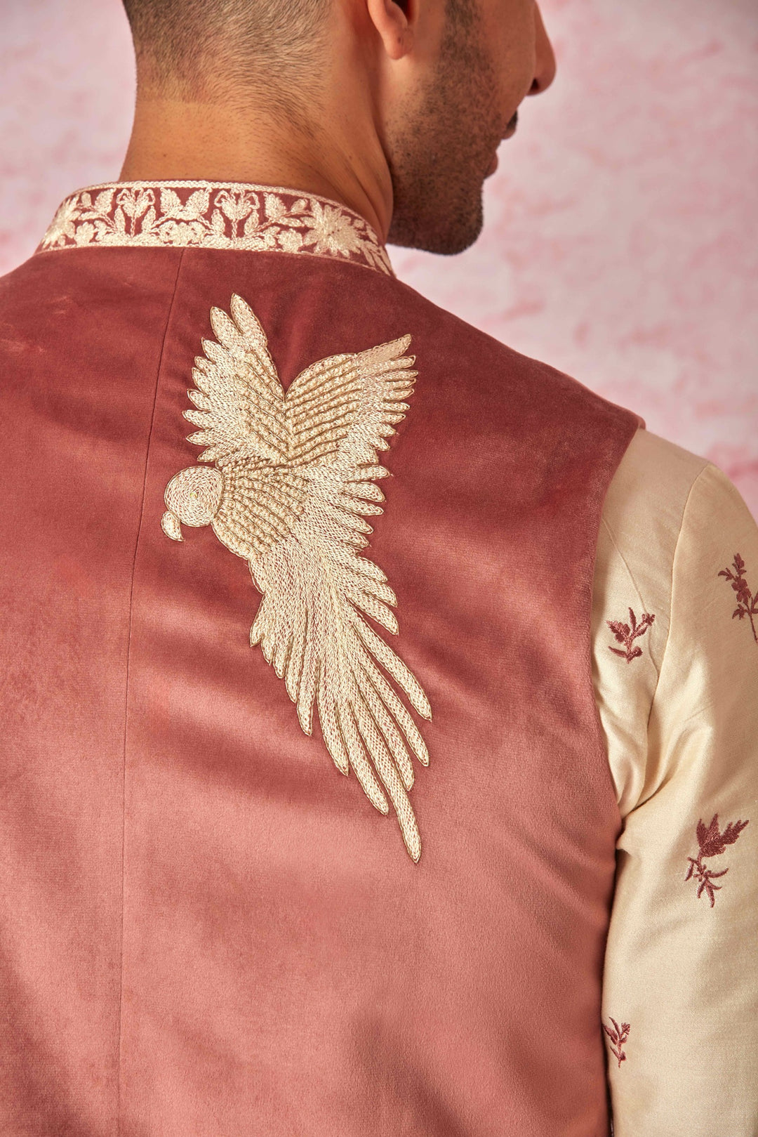 Pink Velvet Bundi with Cream Chanderi Silk Kurta Set