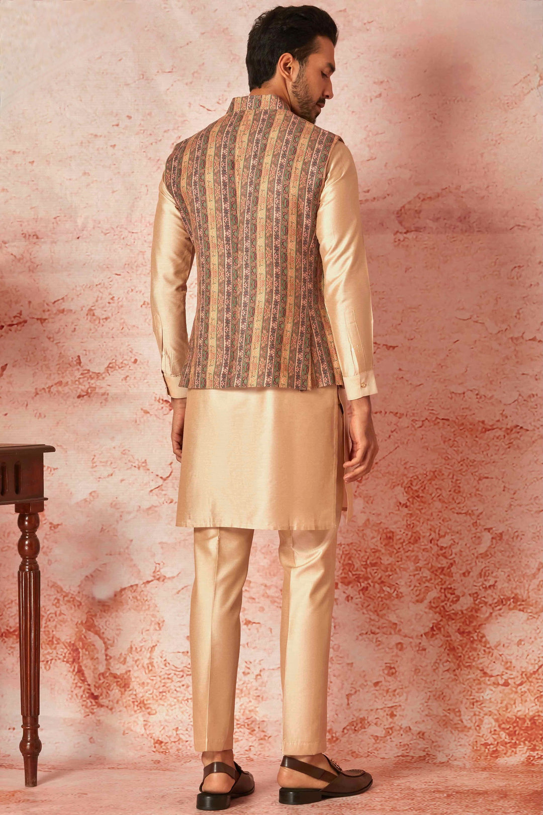 Linen Bundi with Beige Silk Kurta and Pyjama Set