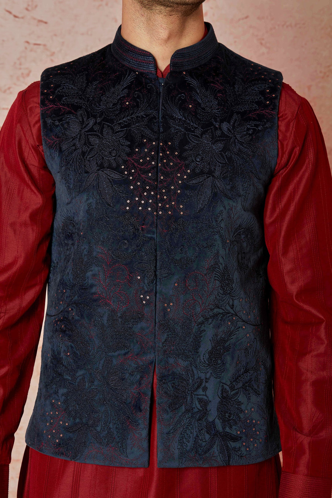 Navy Velvet Embroidered Bundi with Maroon Chanderi Silk Kurta Set