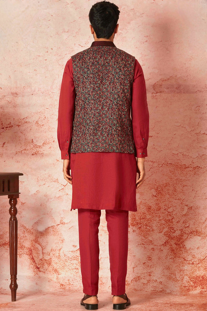 Red Linen Kurta Bundi Set with Multicolor Resham Embroidery